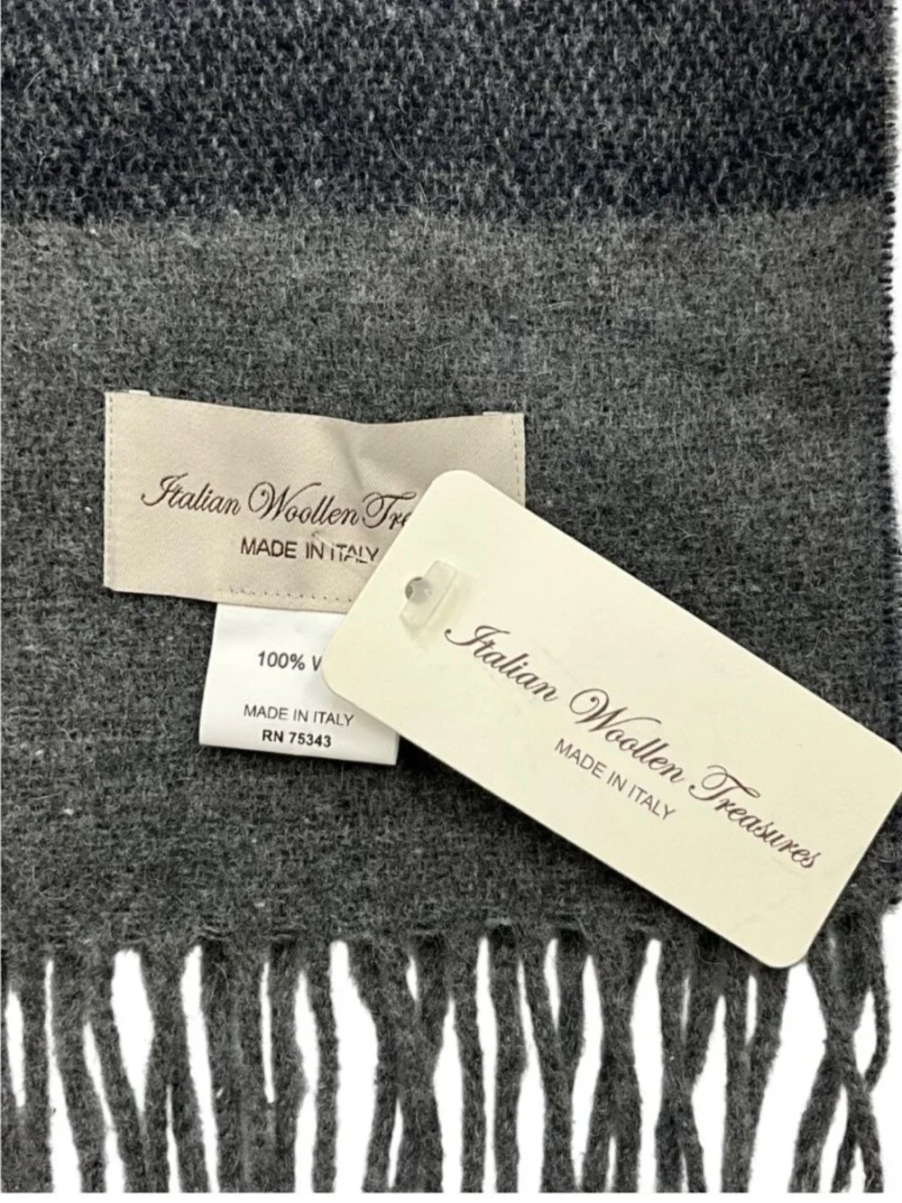Italian Woollen Treasures Wool Scarf Gray Blue Striped Fringe NEW